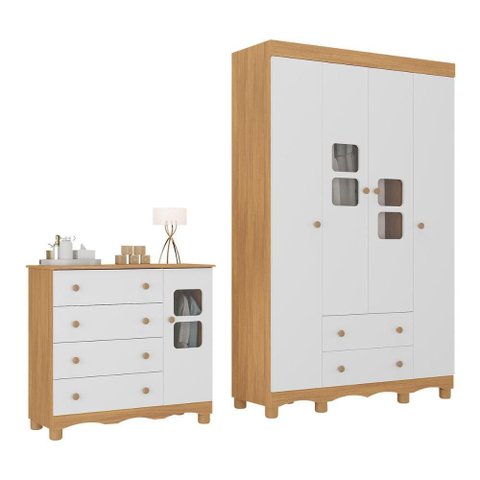 Quarto de Bebê Completo com Guarda-roupas 4 Portas e Cômoda Luna Multimóveis Mp4794 Madeirado/