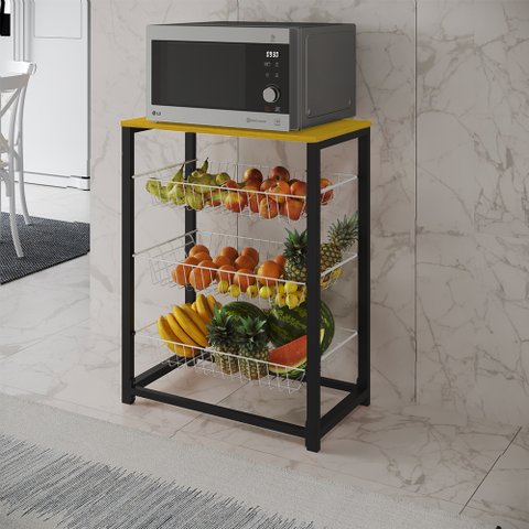 Fruteira com Suporte para Micro-ondas Barcelona Aço Preto Cesto Branco Tampo Canela