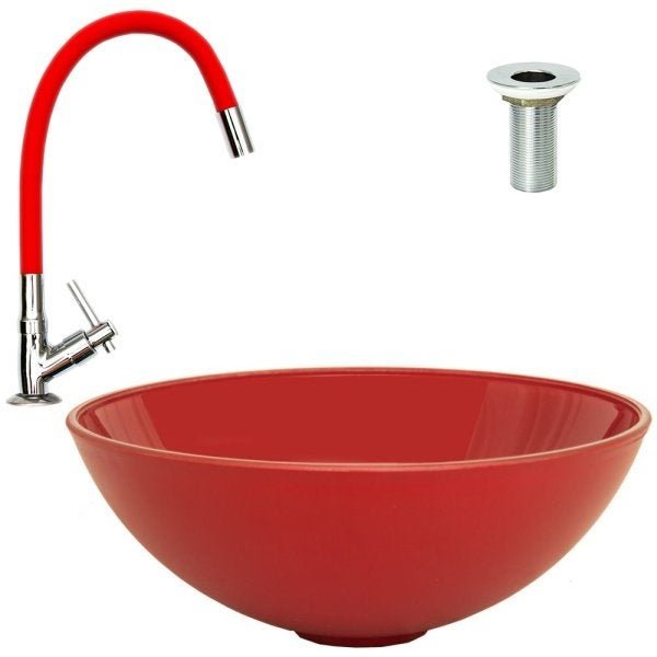Cuba de Vidro de Sobrepor Vermelha + Torneira Vermelha Silicone + Válvula Metal - 4