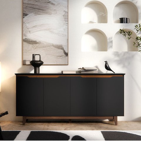Buffet Flow 4 Portas Preto para Sala de Jantar com Design Moderno e Amplo Espaço Interno