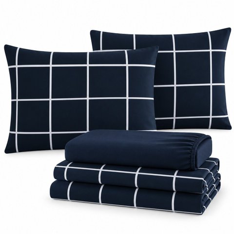 Jogo de Cama Lençol Queen Lótus Micropercal 400 Fios Estampado Toque Macio 4 Peças Xadrez Azul Marin
