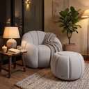 Ver imagem 2 de Poltrona Decorativa Curva Orgânica Serena + Puff Bouclê Cinza Claro - Montanari'S Decor