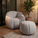 Ver imagem 1 de Poltrona Decorativa Curva Orgânica Serena + Puff Bouclê Cinza Claro - Montanari'S Decor