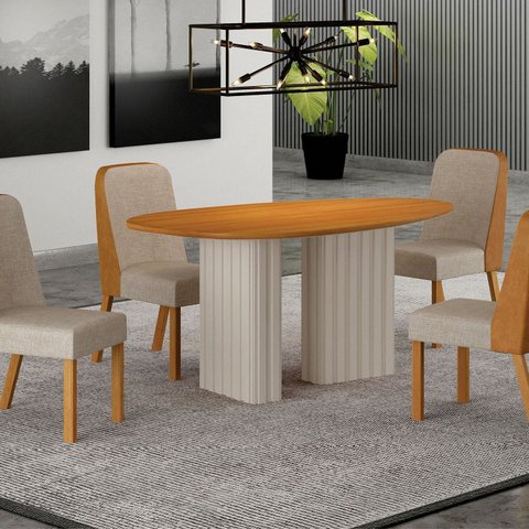 Conjunto Sala de Jantar Tampo Orgânico MDF 135cm com 4 Cadeiras Isis Marrom/Off White/Terracota Palha