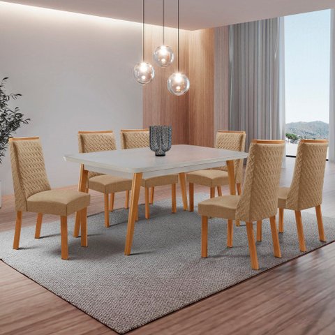 Mesa de Jantar Copper 180cm Tampo MDF Vidro Canto Copo com 6 Cadeiras Carolina