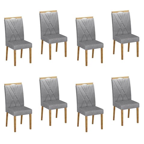 Kit 8 Cadeiras para Sala de Jantar Pés em Madeira Maciça Lara Cinza/Cinamomo/Linho Prata