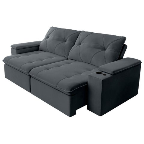 Sofá Retrátil e Reclinável 3 Lugares 2,12m C/ Porta Copos Entrada Usb Veludo San Diego Cinza