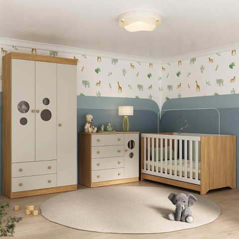 Quarto de Bebê Completo com Berço Americano 3 em 1 Pirulito Multimóveis Mp4621 Madeirado/off