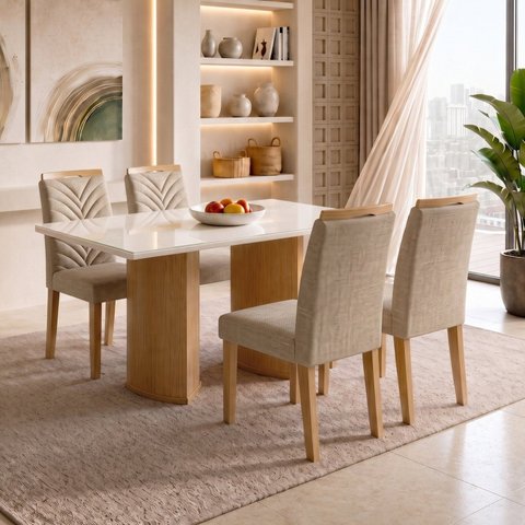 Conjunto Sala de Jantar 4 Lugares Retangular Tampo Vidro MDF 120x80cm Mesa Isla e Cadeiras Carol