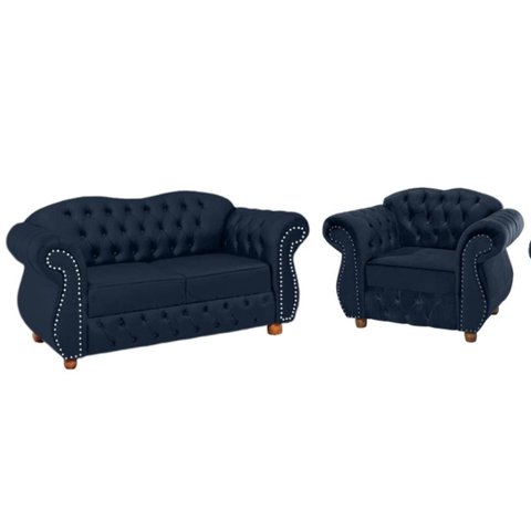 Uma Namoradeira Chesterfield Merlo + Uma poltrona - Suede Azul Marinho/ decoração, recepção, sala