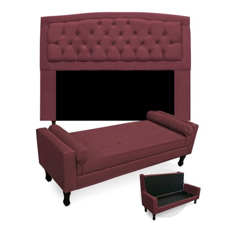 Kit Cabeceira Geovana + Calçadeira Baú Felix Casal 140cm Suede - Ecotec Decor:Vinho