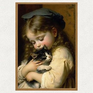 Quadro Moldurado Menina Gato no Colo Pet Criança