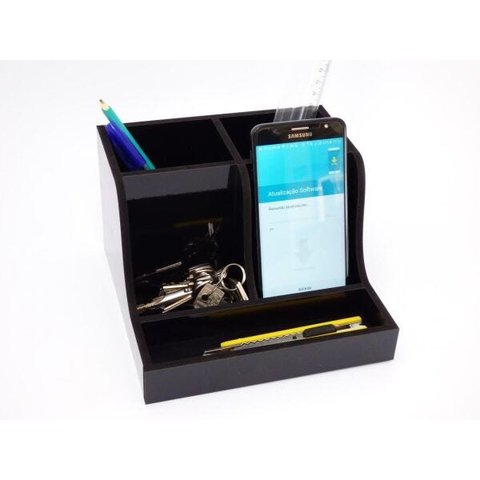 Organizador de mesa com porta caneta e acessorios MDF Preto Brilho - Luxo