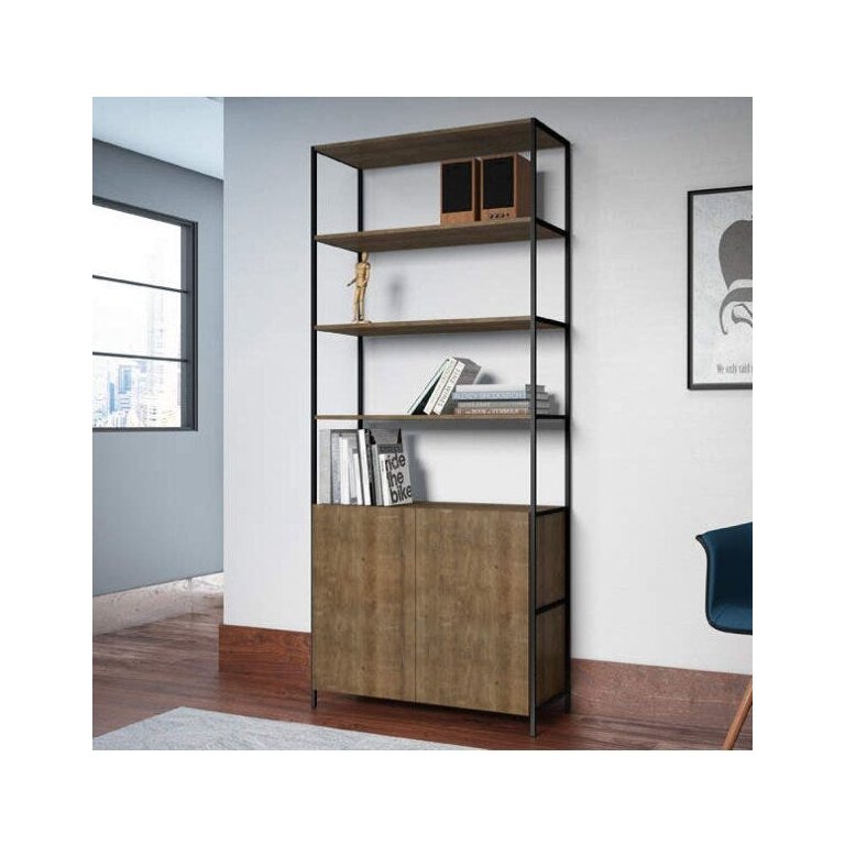 Estante Estilo Industrial 90cm com 2 Portas 27805 Steel Quadra Artesano - Vermont/preto Fosco