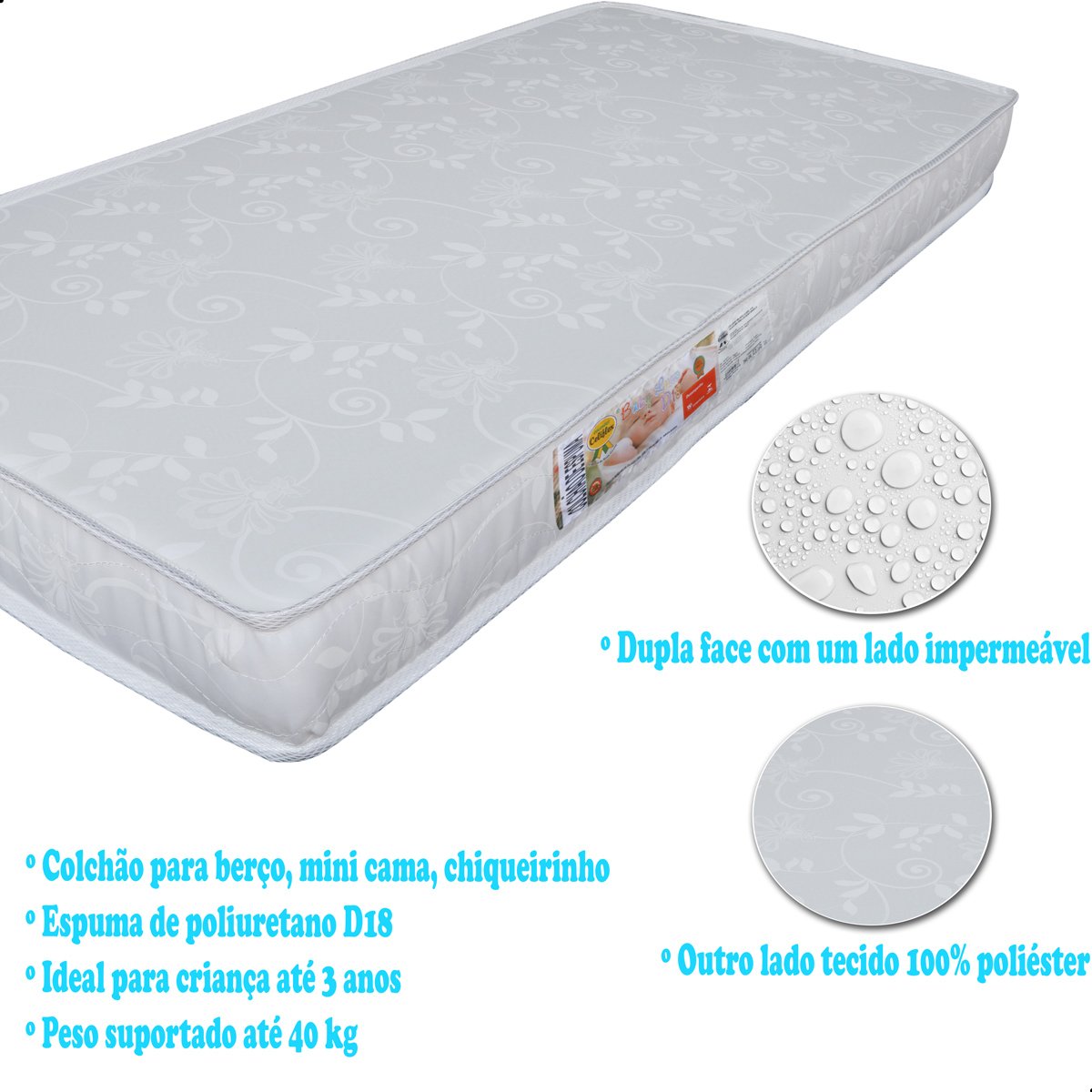 Colchão de Cama Infantil Baby Luxo Espuma D20 Branco 70x150cm - 3