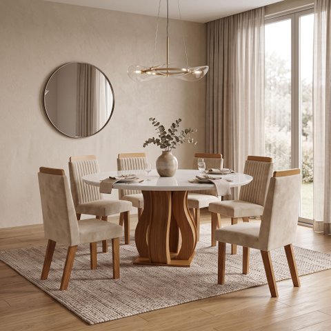 Sala de Jantar 6 Cad Estofadas Riviera e Mesa Redonda com Tampo de Vidro Nuance Yescasa