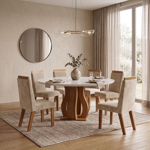 Sala de Jantar 6 Cad Estofadas Riviera e Mesa Redonda com Tampo de Vidro Nuance Yescasa