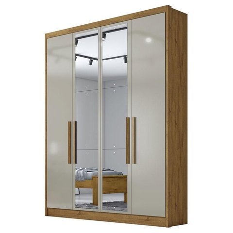 Guarda Roupa Solteiro Sevilha 4 Portas 3 Gavetas Cumaru 25 Fendi com Nicho e Espelho – Novo Horizont