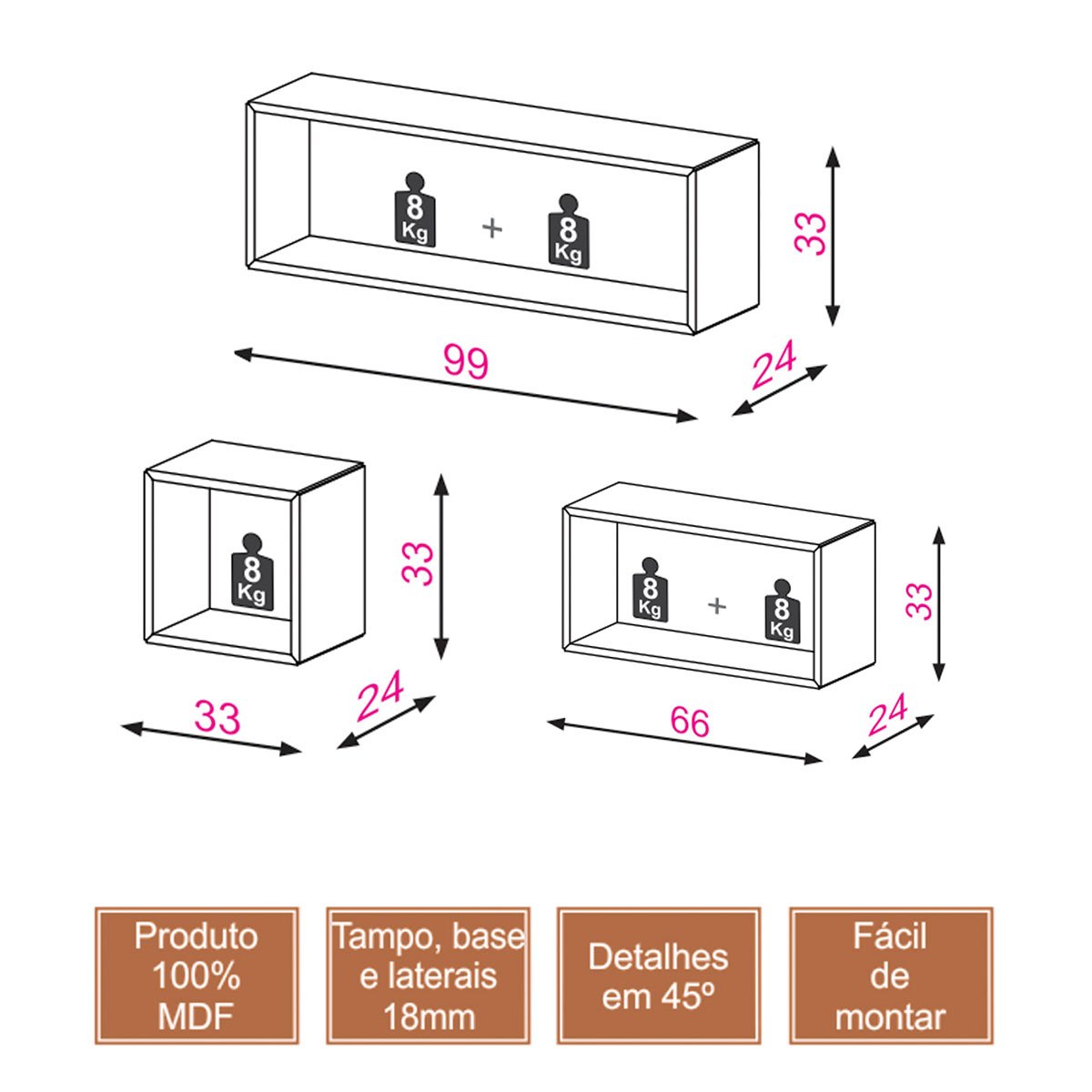 Nicho Decorativo Retangular 33x99cm 100% Mdf Tb157 Dalla Costa - Freijó/off White - 5