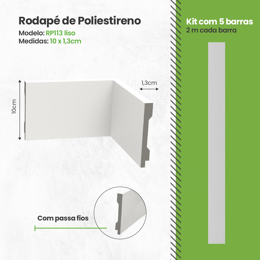 Kit 5 Barras Rodapé de Poliestireno Liso Altura 10x1,3cm 10 Metros - 1