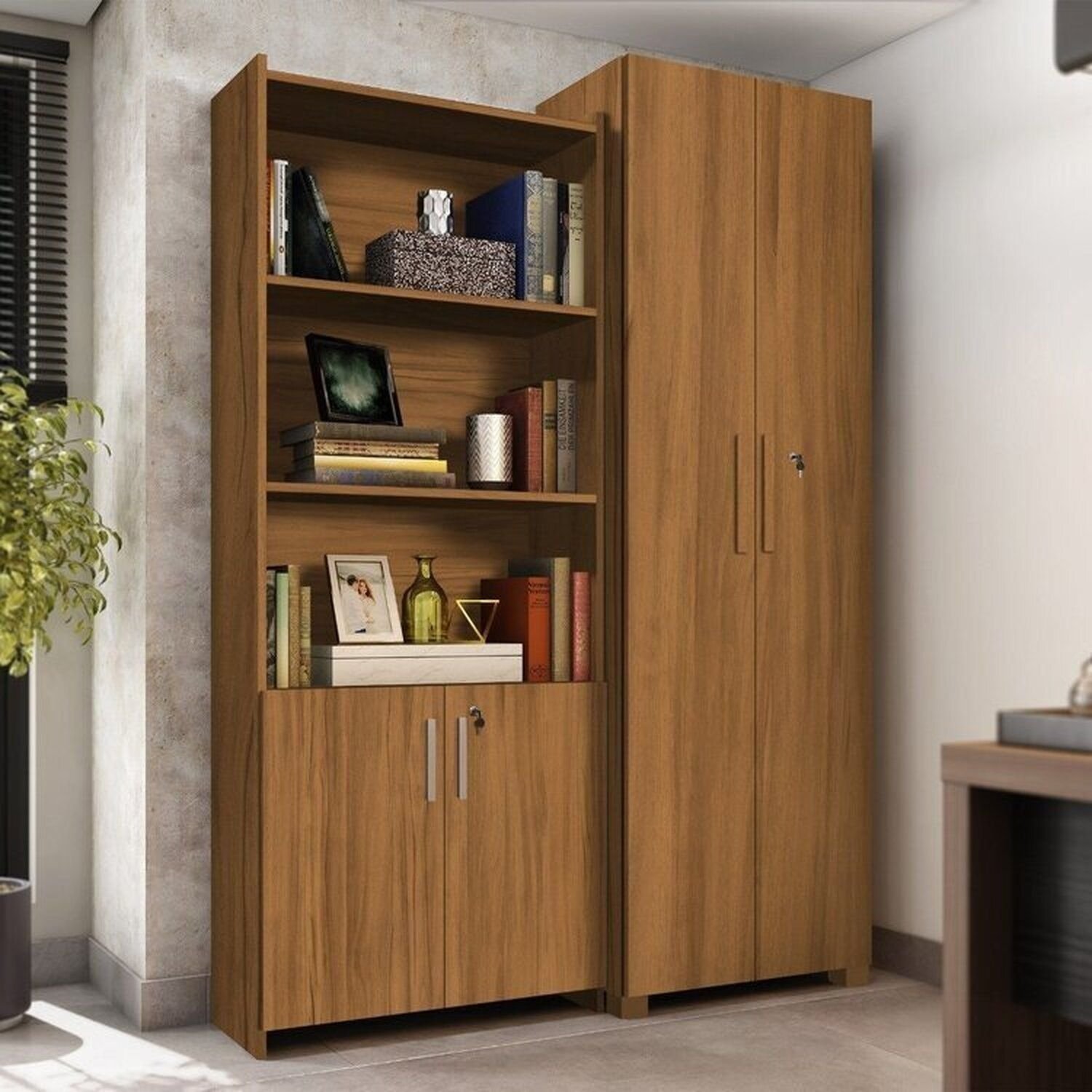 Kit Armários para Escritório Semi Aberto 2 Portas e Armário Alto com Chave