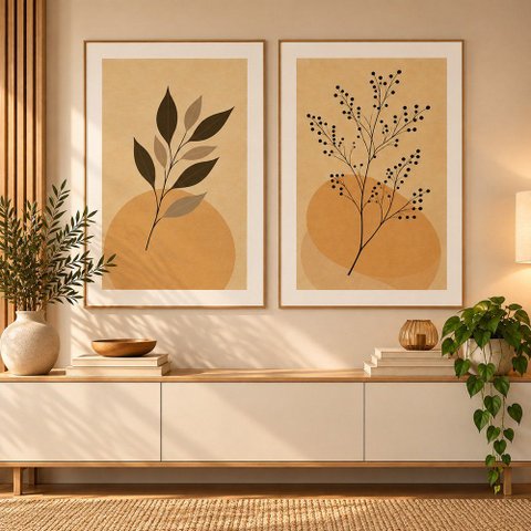 Quadros Decorativos Botânico Abstrato Terroso Moldura Filete:Moldura Freijó/60x90