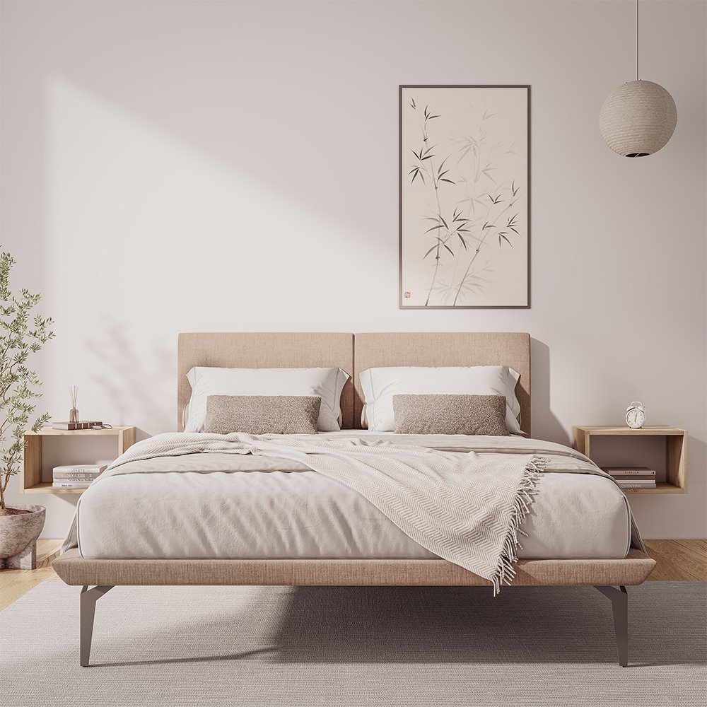 Estrutura para Cama Japonesa Toquio King com Cabeceira Almofada Linho Bege