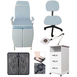 Kit Podologia Cadeira Mocho Luminária Exaustor Armário Massageador Fiscomed Kit Maca para Podologia