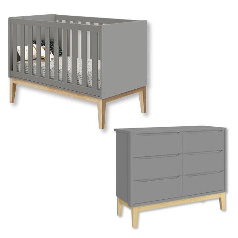 Quarto de Bebê Berço Mini Cama + Cômoda 6 Gavetas Classic Cinza Madeira Natural
