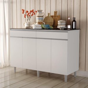 BALCÃO BUFFET PLUS. ALTO 4 PORTAS + 2 GAVETAS PUXADORES EM ALUMÍNIO COR BRANCO MARMORIZADO GRANDE 1.