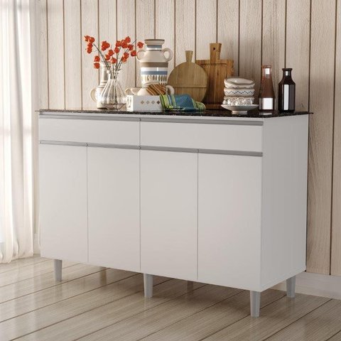 Balcão Buffet Plus. Alto 4 Portas + 2 Gavetas Puxadores em Alumínio Cor Branco Marmorizado Grande 1.