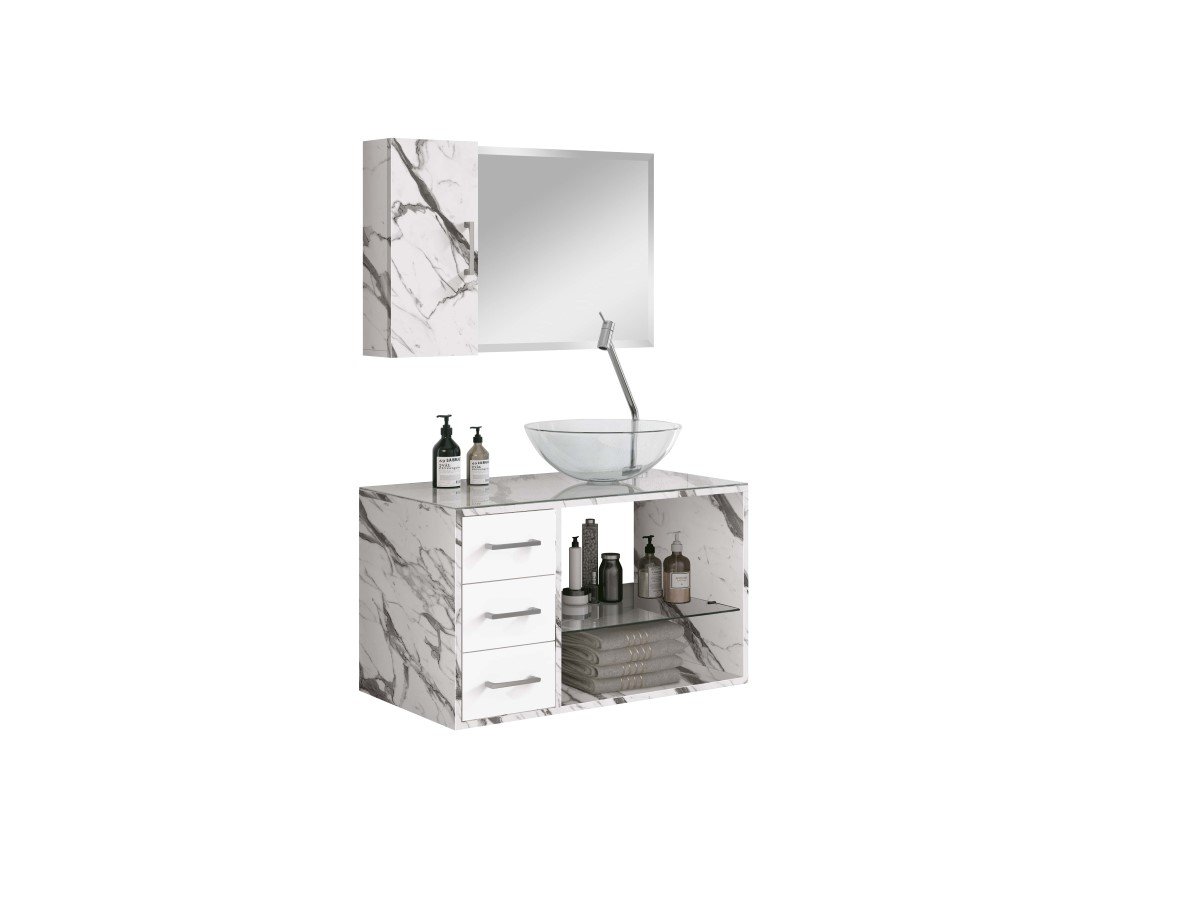 Conjunto Para Banheiro Tamar 80 com cuba espelho e modulo Cor:Carrara/Branco - 2