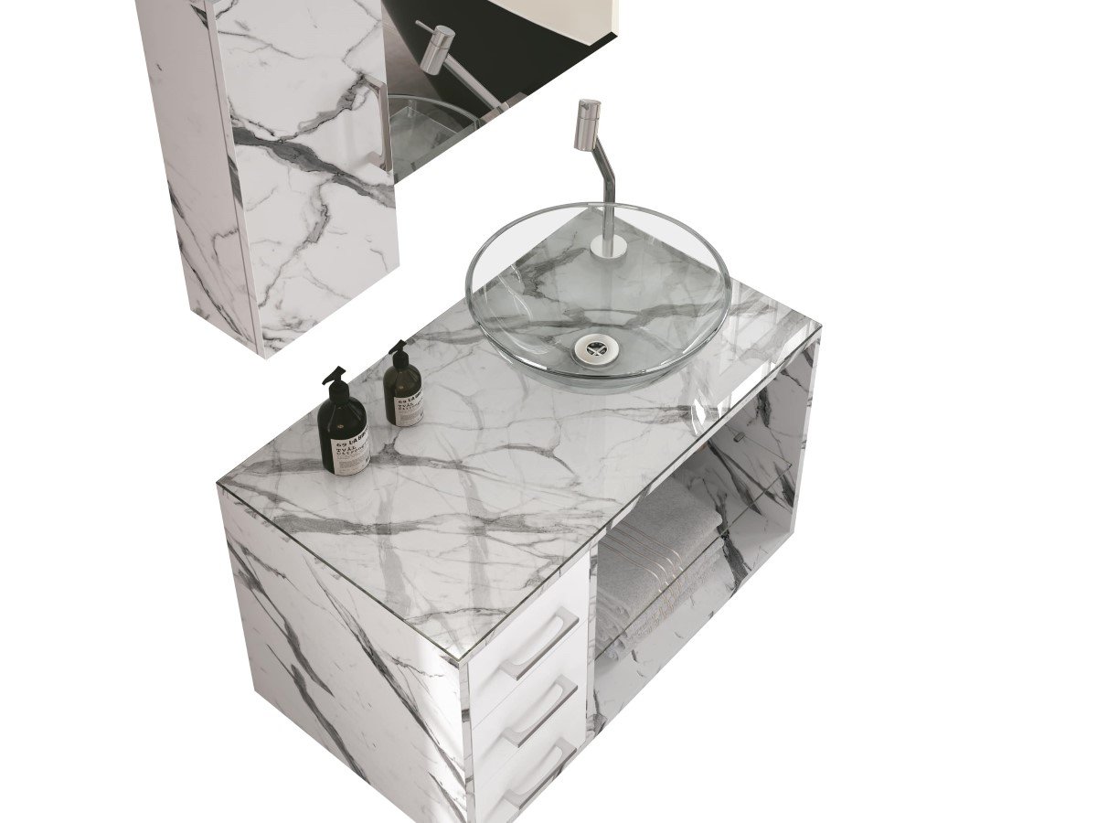 Conjunto Para Banheiro Tamar 80 com cuba espelho e modulo Cor:Carrara/Branco - 6