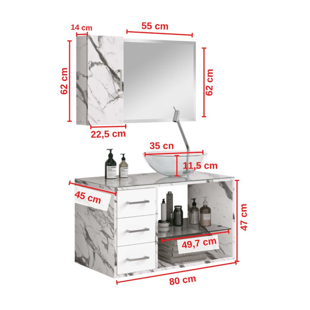 Conjunto Para Banheiro Tamar 80 com cuba espelho e modulo Cor:Carrara/Branco - 4