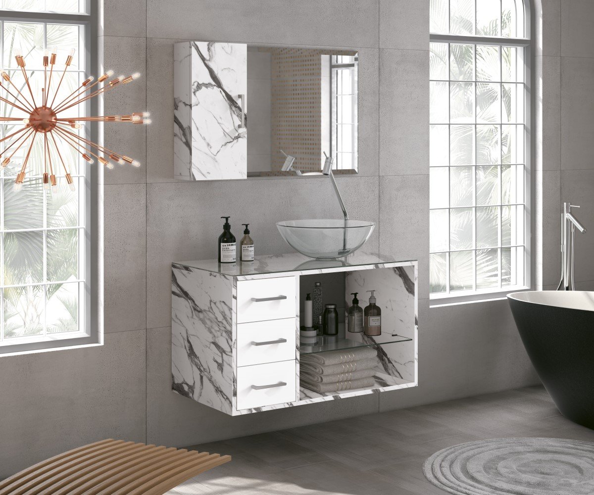 Conjunto Para Banheiro Tamar 80 com cuba espelho e modulo Cor:Carrara/Branco - 1