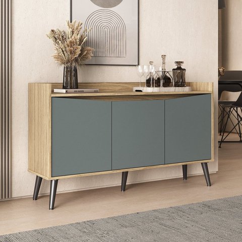 Buffet Aparador 3 Portas Retrô 130cm Marrom/Amendoa/Acqua