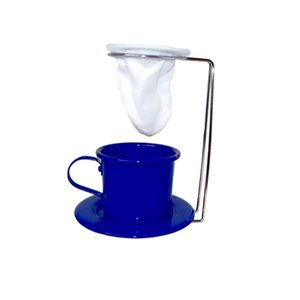 Kit Café Gourmet Xícara Pires Esmaltada Azul e Mini Coador e Suporte Panache