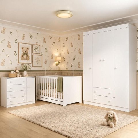 Quarto de Bebê Completo com Berço Americano 3 em 1/Guarda-Roupa/Cômoda Flor Multimóveis MP4940