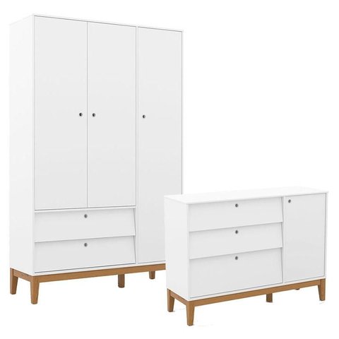 Cômoda Sapateira e Guarda Roupa Unique 3 Portas Branco Soft Eco Wood - Matic