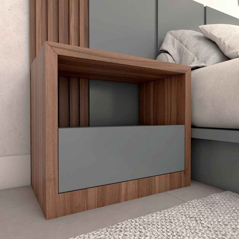 Mesa de Cabeceira Personalizada Quarto com 1 Gaveta 100% MDF:Nogueira Cadiz com Cinza Sagrado