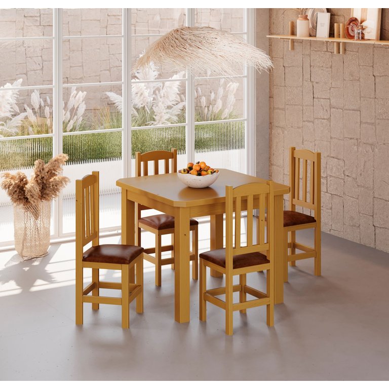 Mesa de Jantar Safira 88x88 com 4 Cadeiras Diamante Estofado Marrom:mel