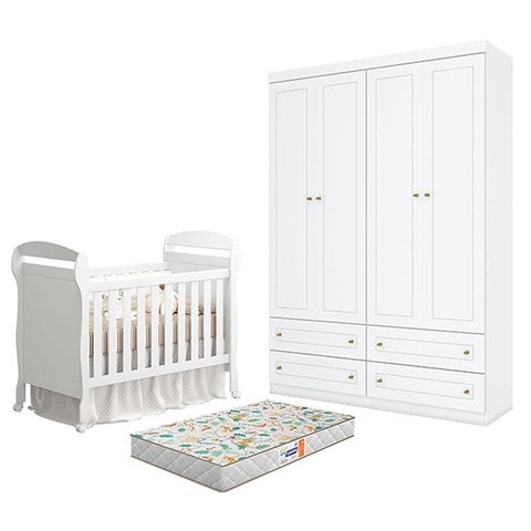 Berço Americano Danny Branco Acetinado Reller e Guarda Roupa Infantil 4 Portas Americano Branco Hp e