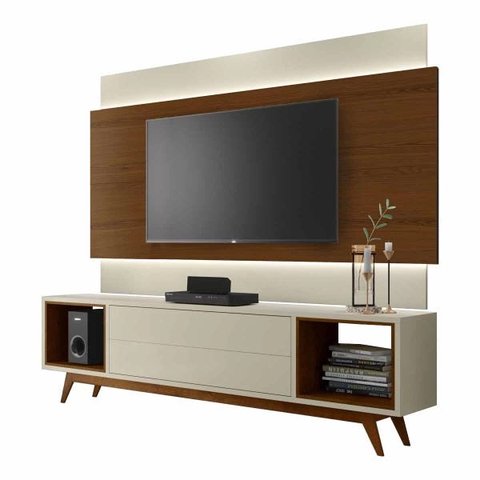 Rack com Painel Horizon 220cm com Led Off White com Natural - Móveisaqui