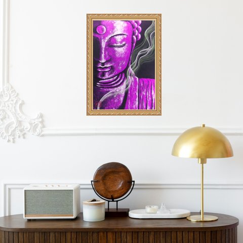 Quadro Moldura Dourada Buda Roxo 24x18cm:com Vidro