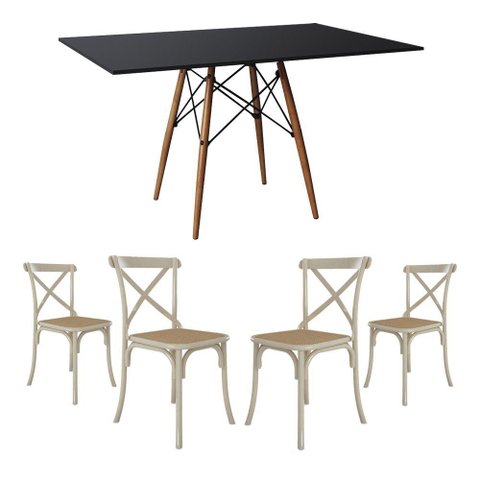 Conjunto de Mesa Eiffel Retangular Tampo de Madeira 120x75cm Preto com 4 Cadeiras Katrina Off White