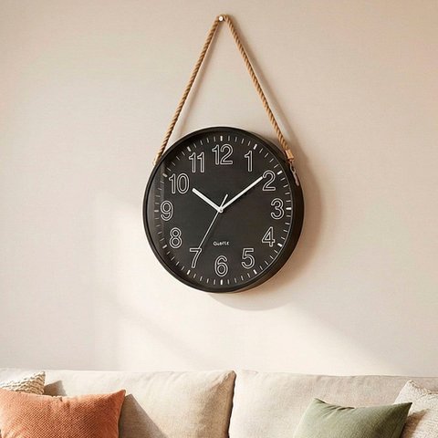 Relógio Parede Redondo Decorativo Preto com Alça Corda 25cm