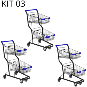 Kit 03 Carrinhos de Compras Supermercado Lojas Reforçado 90l