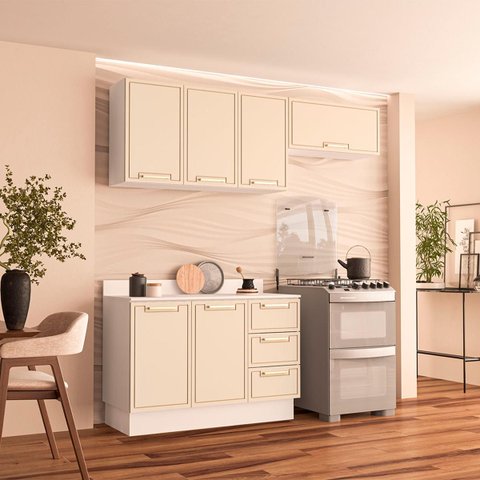 Cozinha Amara 3 Peças 200x224,5cm Armários Aéreos Balcão c/ Tampo e Rodapé Branco/Creme 250093