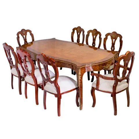 Mesa de Jantar Luiz XV 08 Cadeiras Madeira Radica c Bronze