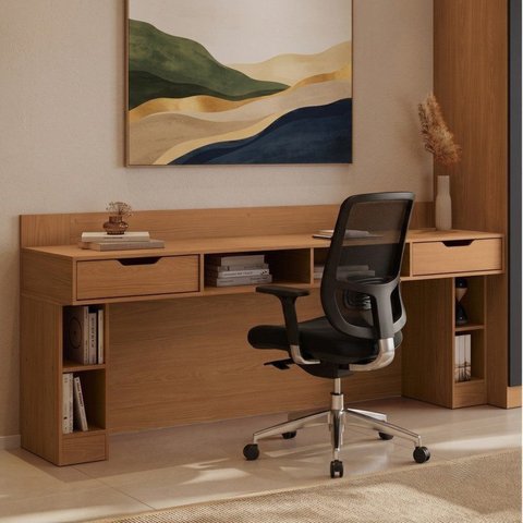 Escrivaninha Mesa para Escritório 2 Gavetas 6 Nichos 205x49,5x90cm Linha Liga Modulado